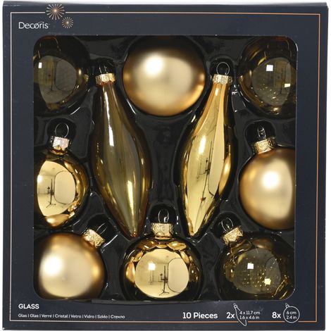 Decoris Weihnachtskugeln mit Tropfen-Ornamente aus Glas Ø 6 cm gold 10 Stück
