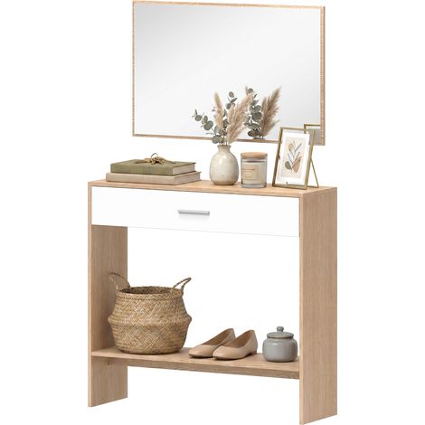 Console avec miroir, console étroite avec tiroir et étagère, style moderne, 91,5 x 27,9 x 85,5 cm, chêne (1/5)