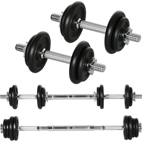 Haltère 2 en 1 20kg 8 disques acier inoxydable fer noir 95x16x16 cm