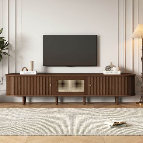 Meuble TV ovale noyer foncé 180 x 40 x 40 cm, 1 tiroir, 2 portes coulissantes effet rotin, 8 pieds bois dont 4 réglables (1/5)