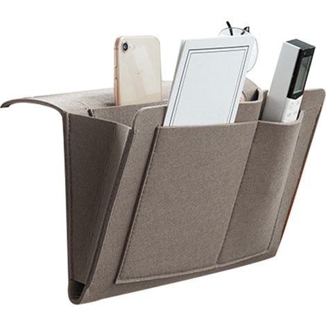 Organizador de fieltro para la mesita de noche con 5 pequeños bolsillos, ideal para guardar libros, revistas, tabletas y mandos a distancia debajo del colchón. (1/5)