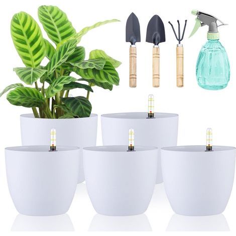 Pot De Fleurs À Réserve D'eau Avec Indicateur De Niveau, Blanc, Lot De 5, 15 Cm, Pot Avec Réservoir D'eau Intégré, Cache-Pot Pour Intérieur Et Extérieur. (1/5)