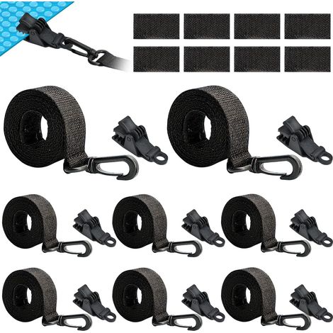 Set di 8 elementi di fissaggio regolabili per coperture per piscine, cinghie da 176,5 cm con clip e chiusure a strappo, fascette per cavi per coperture a bolla di spessore 8-16 mm, accessorio