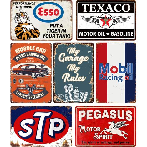 Lot de 7 panneaux en métal vintage – Décoration rétro pour garage et grotte d'homme, affiches de voitures anciennes, art mural de bar, plaques métalliques rustiques pour maison, pub, abri de jardin (1/5)