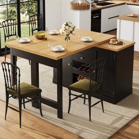 Îlot de cuisine extensible avec table à manger, pivotant à 360, avec casier à vin et étagères à apéritif, portes magnétiques, noir