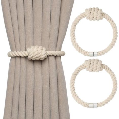 Lot de 2 embrasses magnétiques pour rideaux en coton naturel, style bohème, élégantes embrasses décoratives tissées à la main avec nœud, convenant aux rideaux de la maison et du bureau (beige) (1/2)