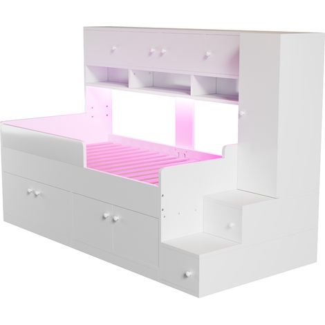 Lits en bois pour enfants 90 × 200 cm, avec espace de rangement, compartiments, armoire et échelle d’escalade simple, avec éclairage LED, cadre de lit enfant avec barrière de sécurité, blanc (1/5)
