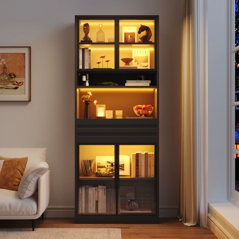 Vitrine LED RGB 80x35x200 cm en MDF avec 4 portes vitrées, 1 tiroir, éclairage contrôlé par application, bibliothèque haute pour salon, noir (1/5)