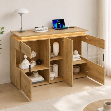 Credenza 120/40/79,5 cm rovere chiaro con LED, vetrine e stazione di ricarica (1/5)