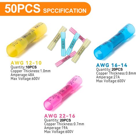 Connecteur À Sertir Thermorétractable - 50 Pièces - Rouge Bleu Jaune - 22-16 AWG / 16-14 AWG / 12-10 AWG - Pour Câblage Électrique Auto Marine Industriel (1/5)