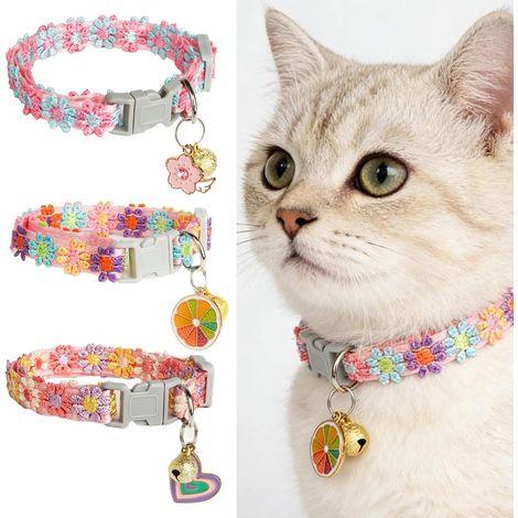 Lot de 3 colliers brodés floraux pour chat avec clochettes et cœur, fleur, pendentif orange, collier réglable pour chat avec boucle amovible de sécurité 19-31 cm (1/5)