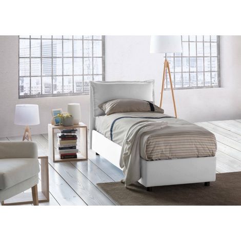 Talamo Italia Cama individual Luna, Cama contenedor con revestimiento de tela, 100% Made in Italy, Apertura lateral, adecuado para colchón 80x190 cm, Blanco, con embalaje reforzado (1/5)
