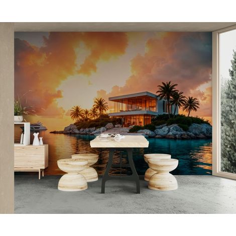 Papier peint paysage – Villa moderne au coucher du soleil - 150 x 250 cm (1/2)
