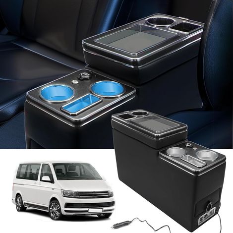 Console centrale pour véhicules, accoudoir compatible avec VW T4 T5 T6 T6.1 T7 (2003-2019), compartiment de rangement avec porte-gobelets, garniture en cuir noir brillant, éclairage LED, port USB