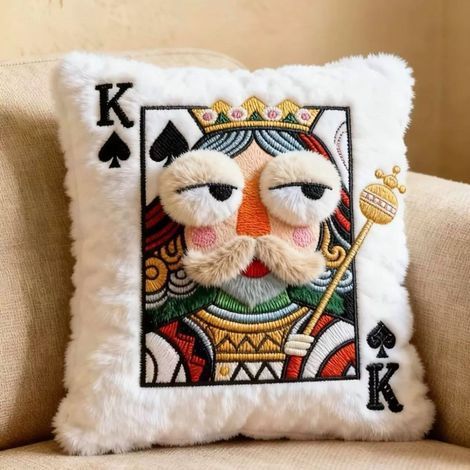 Dieses plüschige Dekokissen mit Darstellung des Pik-Königs ist mit gestickten Spielkartenmotiven verziert und eignet sich daher perfekt als Dekoration für Zuhause. (1/5)