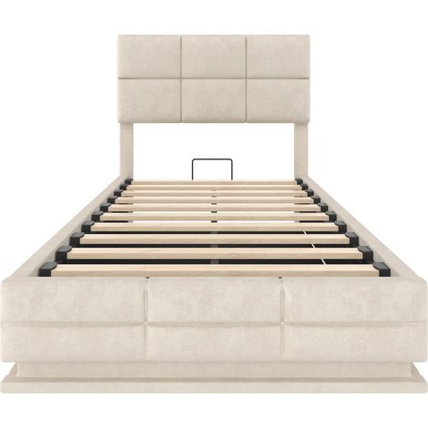 Polsterbett 90x200 cm aus beigem Samt mit verstellbarem Kopfteil, LED, USB und Stauraum (1/5)