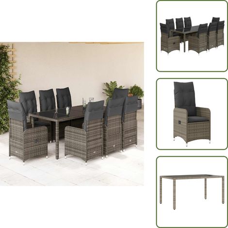 vidaXL 9-tlg. Garten-Bistro-Set mit Kissen Grau Poly Rattan (1/5)
