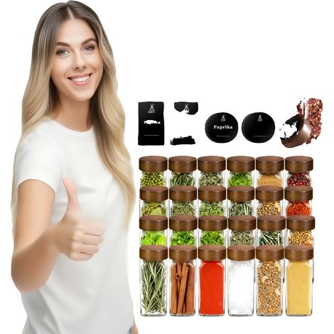 Juego de botes para especias, tapas de madera de acacia, etiquetas herméticas, 24 piezas. (1/2)