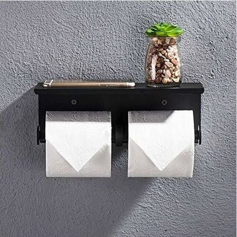 Portarrollos doble, portarrollos de pared de acero inoxidable 304, sin taladro, para baño (negro) (1/4)
