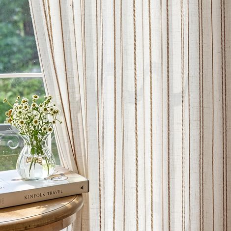 Rideau Voilage 140x240cm Lin Beige à Rayures Verticales Kaki 2er (1/5)