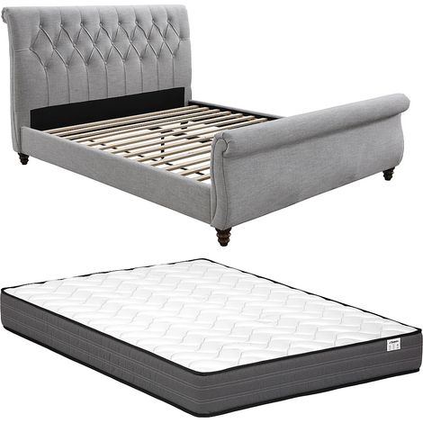 Lit 160 x 200 cm avec tête de lit capitonnée - Gris + Matelas - BALANSANO (1/5)