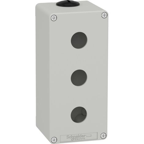 Boîte Schneider grise vide à 3 trous, fabriquée dans un matériau durable et de dimensions compactes.