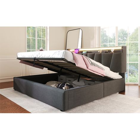 Lit double rembourré avec fonction de charge USB, tête de lit de rangement et éclairage LED, lit double 140x200 cm, cadre de lit avec sommier à lattes en bois, gris (sans matelas) (1/5)