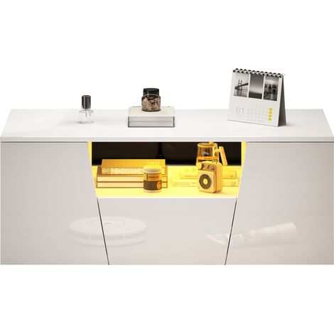 Table basse 100x50x40 cm avec LED, design irrégulier, 2 placards, 1 tiroir, blanc