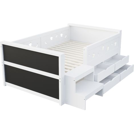 Cama infantil 90 x 200 cm blanca con estrellas y luna, pizarra, 4 cajones, LED y escalón (1/5)