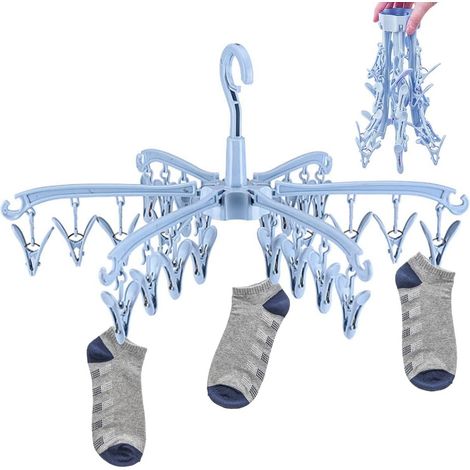 Séchoir à chaussettes pivotant avec 24 pinces, pliable et coupe-vent, pour chaussettes, sous-vêtements et vêtements de bébé (bleu, 1 pièce) (1/5)