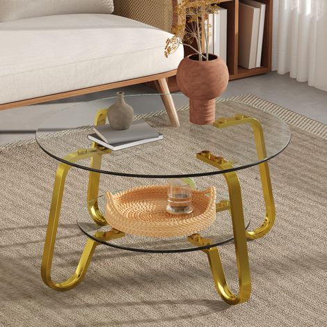 Couchtisch aus Metall in Gold mit 2 Ebenen aus Sicherheitsglas, Wohnzimmertisch