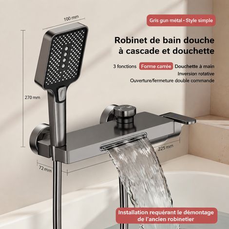Robinet mitigeur de baignoire mural cascade en laiton avec ensemble de douche carré gris pistolet réf 0868 64 × 35 × 13 cm 3 kg – Livraison gratuite