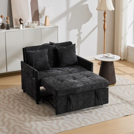 Divano letto trasformabile con porta USB e supporto per tablet, struttura in metallo e legno, 109x72x83,5 cm, lino nero (1/5)