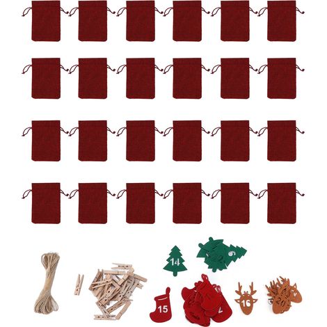 24 wiederverwendbare Adventskalenderbeutel mit Kordelzug, Countdown-Taschen für Süßigkeiten und Schmuck, weinrot (1/5)