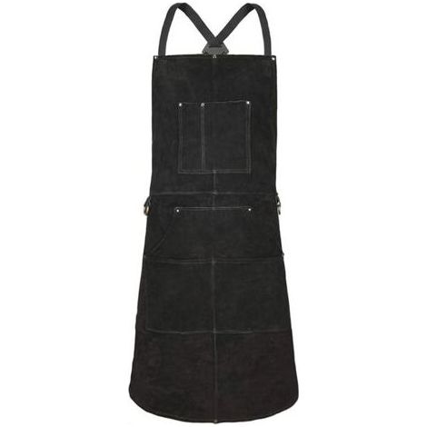 Tablier de soudeur 6 poches, en cuir ignifuge et résistant à la chaleur, ajustable, tailles M à XXXL, idéal pour les forgerons, les machinistes et les ateliers. (Noir) (1/5)