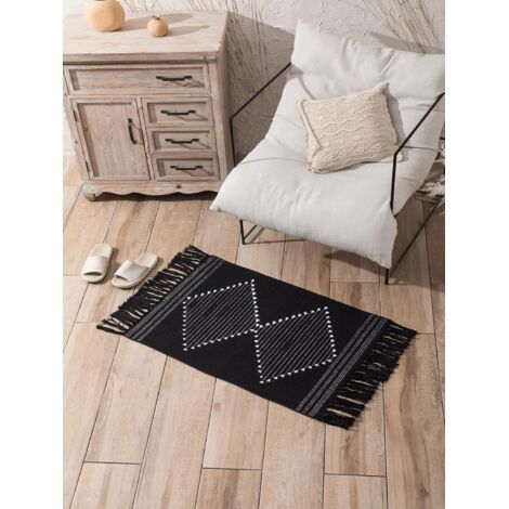 Tapis de cuisine bohème, lavable, noir, à pompons tissés, en coton doux, rectangulaire, pour couloir, buanderie (noir, 60 x 90 cm) (1/5)