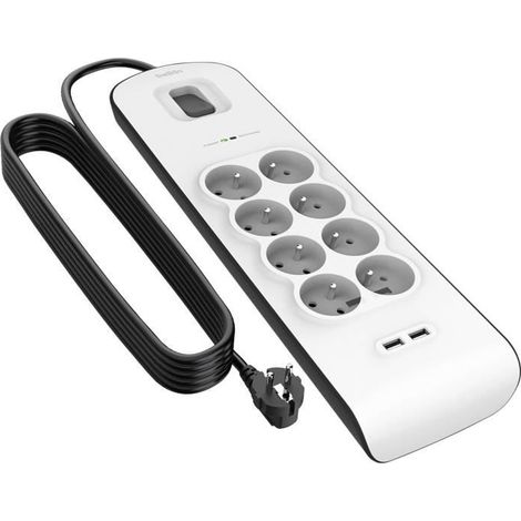 Multiprise Parafoudre - BELKIN - 8 Prises + 2 Ports USB - 2.4A - Câble 2m - 900 Joules