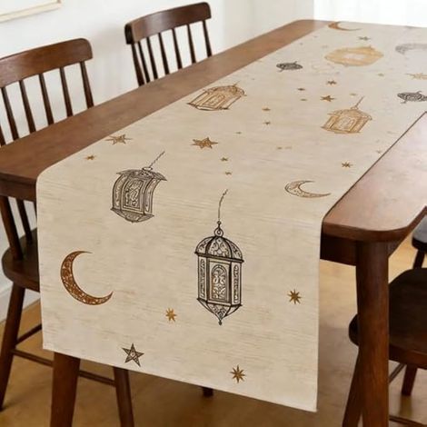 Chemin de table du Ramadan en polyester imperméable et facile à nettoyer pour décoration de fête Motif étoile et lune Marron 180 cm (1/5)