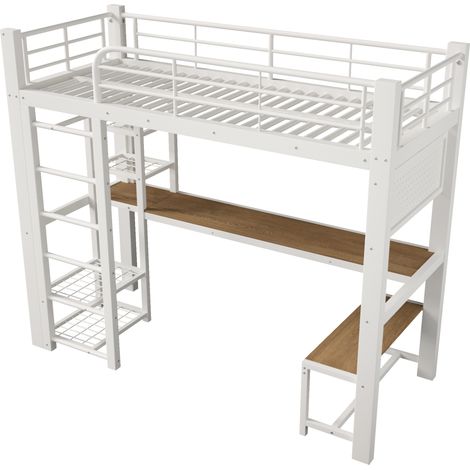 Lit mezzanine 90 x 200 cm en métal blanc avec bureau, rangements et éclairage LED MODENUIT (1/5)