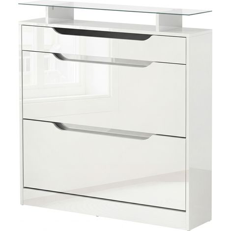 Meuble à chaussures Slim gain de place avec 2 portes basculantes et tiroir, meuble d'entrée en verre avec étagères réglables sur 2 niveaux, porte-chaussures pour 16 paires avec poignée, 89x23x96cm, bl (1/5)