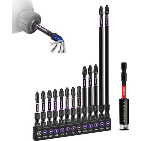 Lot de 13 Embouts de Vissage aux Chocs PZ1 PZ2 PZ3 50mm 75mm, Jeu d'embouts Magnétique pour Visseuse Tournevis Tige Hexagonale 1/4" S2 en Acier Allié avec 1 Porte-embout de 75mm (1/5)