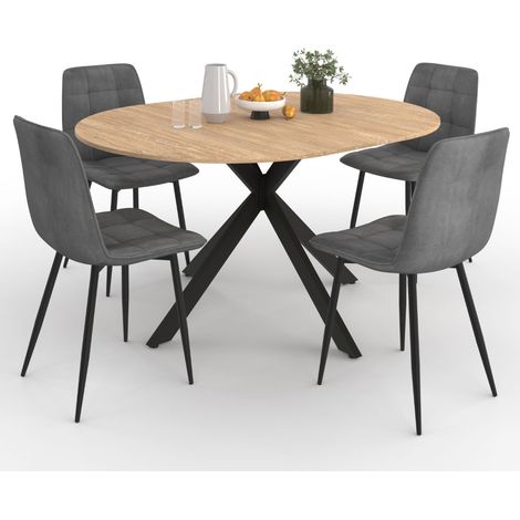 Tavolo da pranzo rotondo allungabile ALIX 110 - 150 cm e 4 sedie MILA in velluto grigio scuro