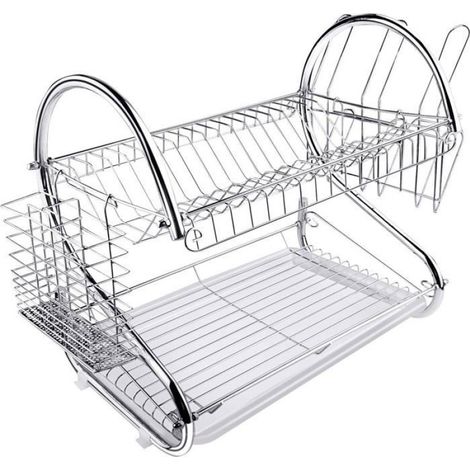 1 Égouttoir à vaisselle, acier inoxydable, 2 niveaux, bac amovible, cuisine (1/2)