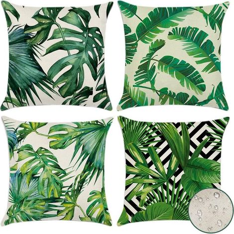 Lot de 4 (45 x 45 cm – Plantes tropicales 01) Housses de coussin d\'extérieur imperméables à motif de plantes tropicales vertes pour canapé, terrasse, jardin, salon, chambre à coucher, décoration (1/5)