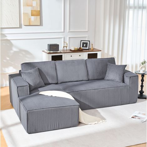 Canapé d'angle modulaire 235x128x60 cm gris en velours côtelé avec méridienne et 2 coussins (1/5)