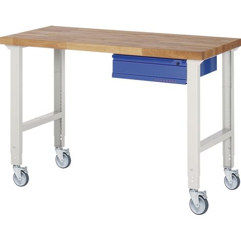 TECWERK Werkbank B1500xT700xH950-1000mm Buche massivlichtgrau / enzianblau 1Schubladen