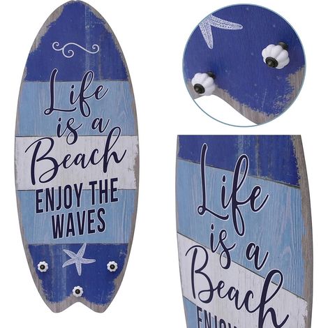 Melko Plankenschild Surfboard 100 cm mit Kleiderhaken Holzbild Surfbrett Wandbild Life is a Beach Vintage-Look Garderobe Holz (1/5)