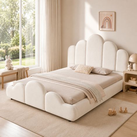 Polsterbett, Kinderbett 140 x 200cm, Bett mit gepolstertes Kopfteil, abgerundete Ecken, samt, beige (1/5)