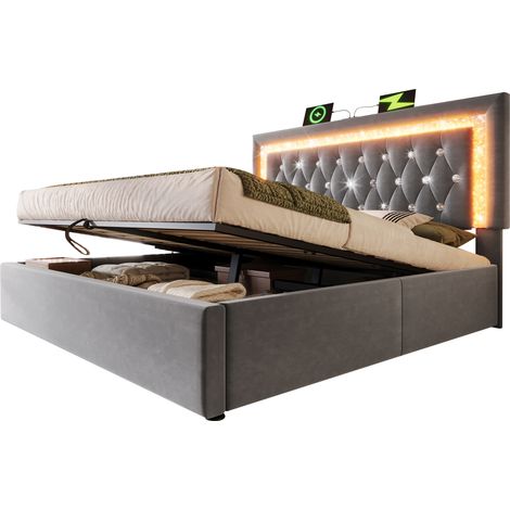 Lit coffre 140x200 cm en velours gris avec LED, tête de lit capitonnée, ports USB & Type-C, sommier à lattes inclus (1/5)