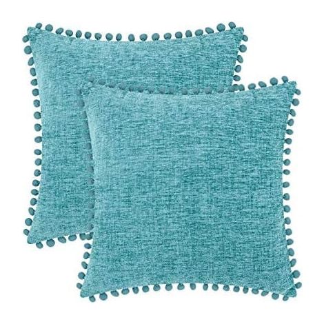 Fundas de almohada de 20x20 pulgadas (paquete de 2), fundas de almohada de vellón de chenilla azul verdoso con pompones, color liso cómodo, se adaptan a rellenos de almohada de tamaño estándar.